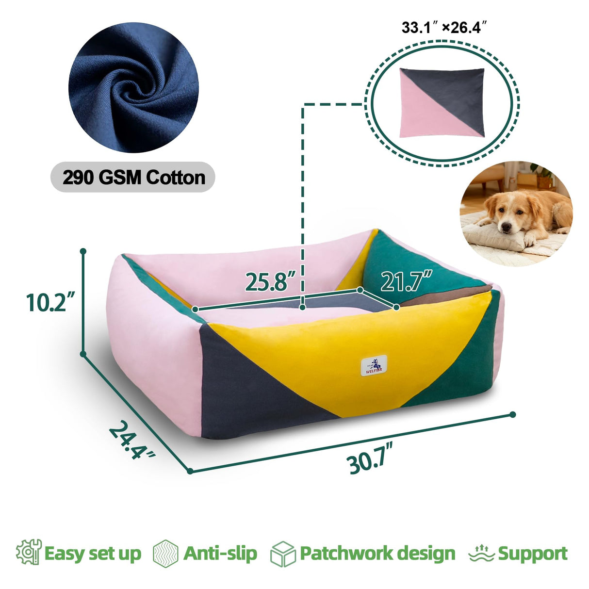 Welfibr 290 GSM Cotton Canvas Dog Couch Bed, Washable Removable Cover, Tough Bolster with Supportive Chopped Foam, Anti-Slip Bottom (Medium)