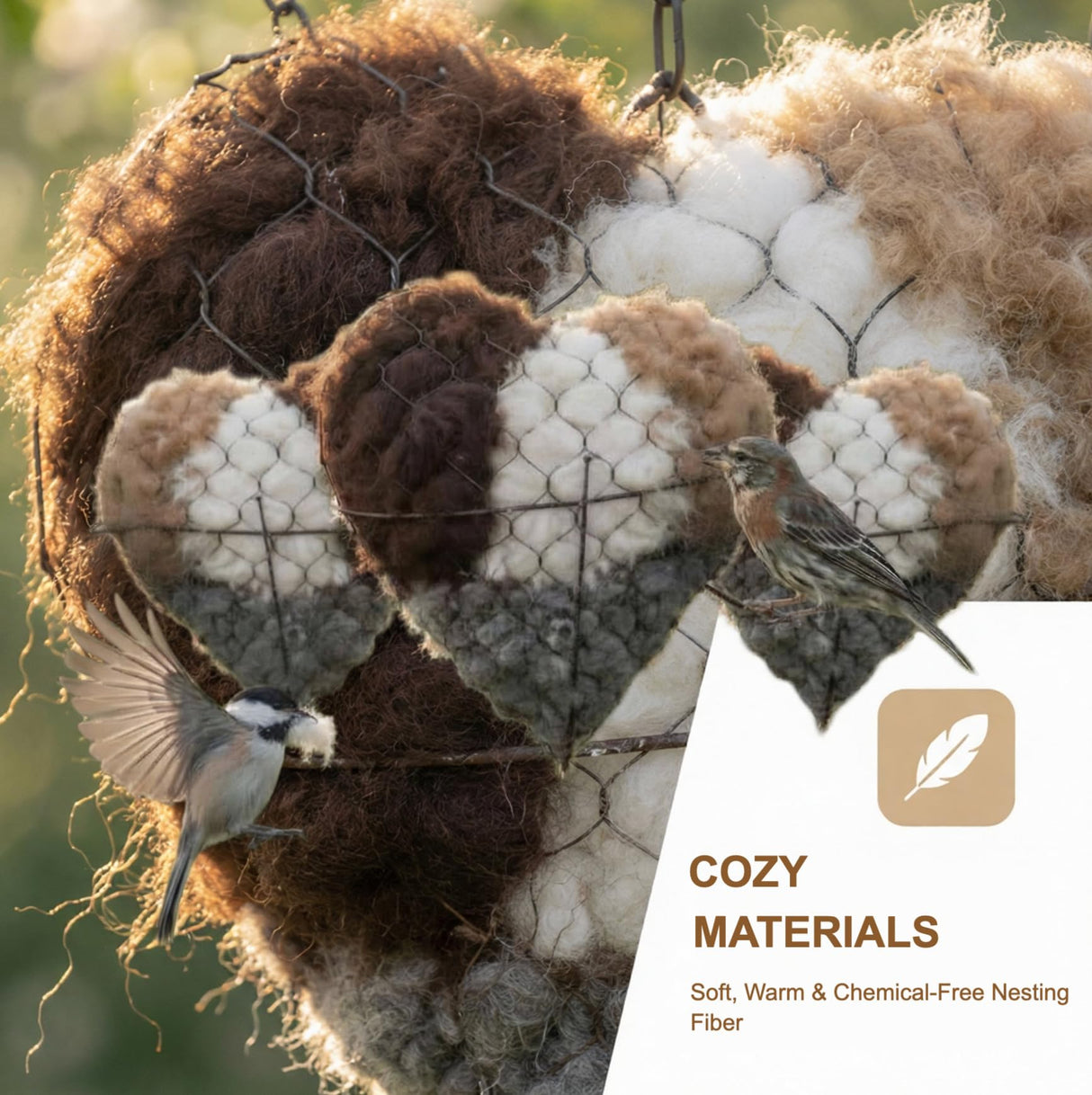 YINGBALHL Handmade Alpaca Fiber Bird Nesting Heart – Refillable Bird Haven with 2 Nesting Material Refill Bags – Eco-Friendly Hanging Nest for Hummingbirds & Wild Birds, Garden & Yard Décor (1Set)