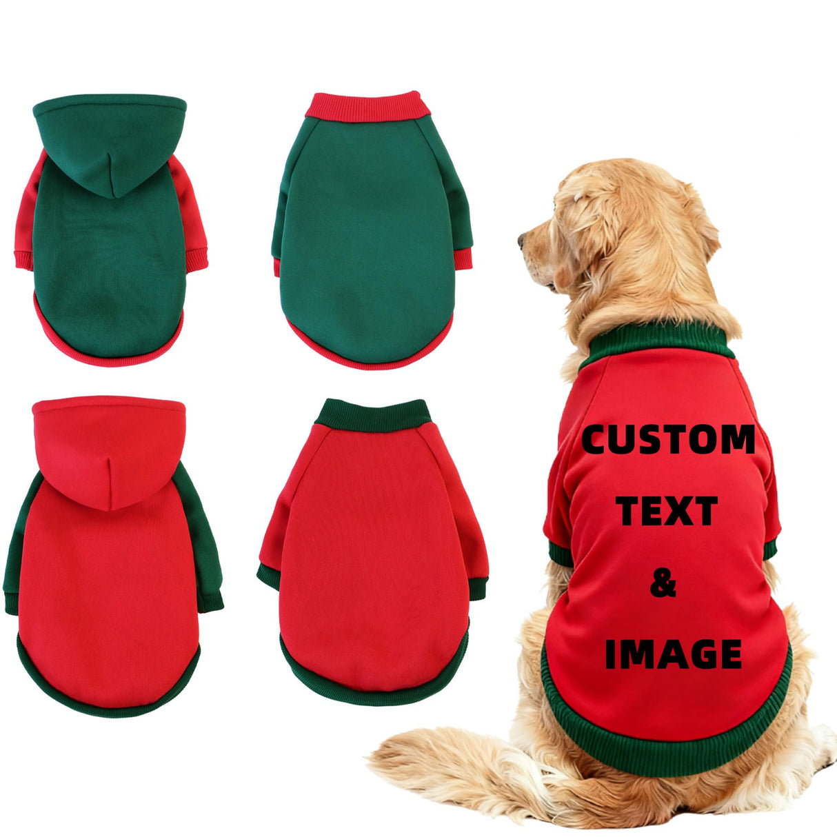 Custom Dog Hoodie, Personalized Sweatshirt with Photo Text Name Logo, Customized Hooded Sweater for Small Medium Large Dogs & Cats (Red + Green Sleeves, X-Large)