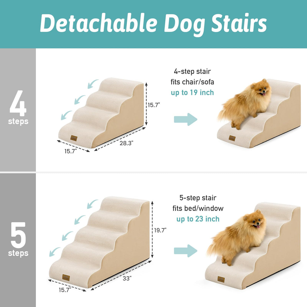 COZY KISS Dog Stairs for Small Dogs 19.7"H, 5-Step Sturdy Foam Dog Steps for Couch, Bed or Sofa, Curved Pet Stairs for Puppy and Older Cat, Doggie Ladder with Washable Cover, 15.7x33x19.7 inch, Beige