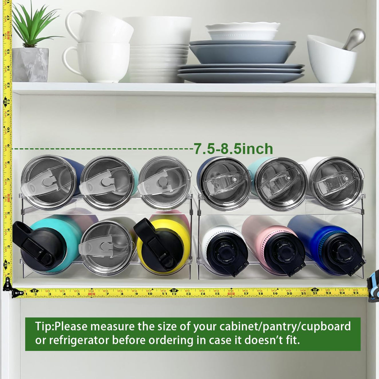 2 Pack Water Bottle Organizer, Stackable Kitchen Pantry Storage Shelf, Plastic Water Bottle Holder for Cabinet and Fridge Organization