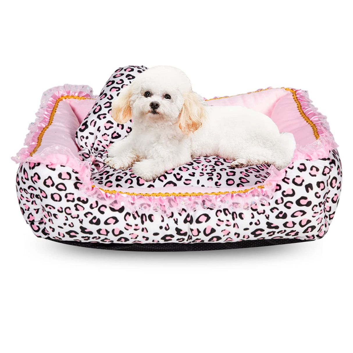 Gigreinc Dog Bed for Small Dogs - Cute Pink Leopard Dog Bed,Cat Beds for Indoor Cats Washable - Square Shape Cat Dog Sofa Bed Pet House Nest Cave(M, 20.8"L x 18"W x 5.5"）