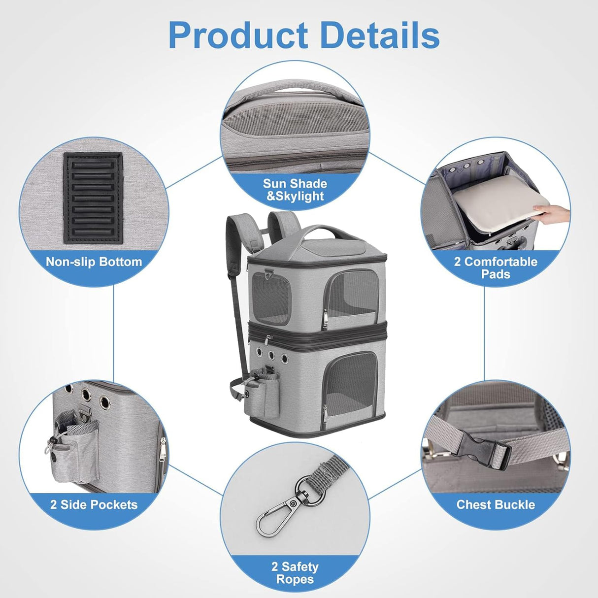 HOVONO Detachable Double Pet Carrier Backpack for Cats and Small Dogs, Cat Travel Carrier for 2 Cats, Perfect for Traveling/Hiking/Camping, Grey