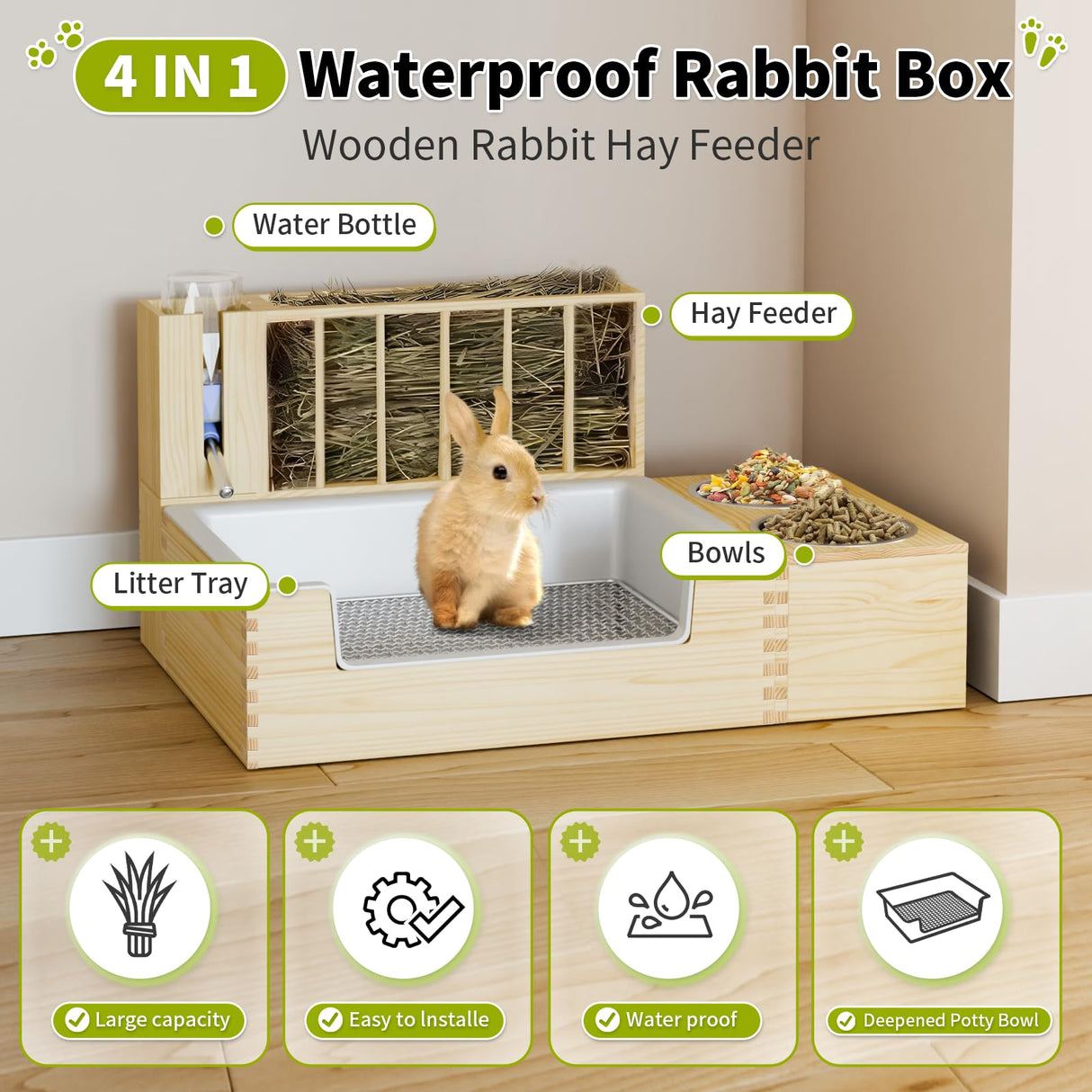 Chloraeon 4-in-1 Waterproof Wooden Rabbit Litter Box with Hay Feeder, 2 Food Bowls, and Water Bottle | Large Capacity, Waste-Preventing Design for Rabbits, Guinea Pigs, Chinchillas, and Small Animals