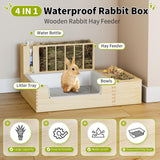 Chloraeon 4-in-1 Waterproof Wooden Rabbit Litter Box with Hay Feeder, 2 Food Bowls, and Water Bottle | Large Capacity, Waste-Preventing Design for Rabbits, Guinea Pigs, Chinchillas, and Small Animals