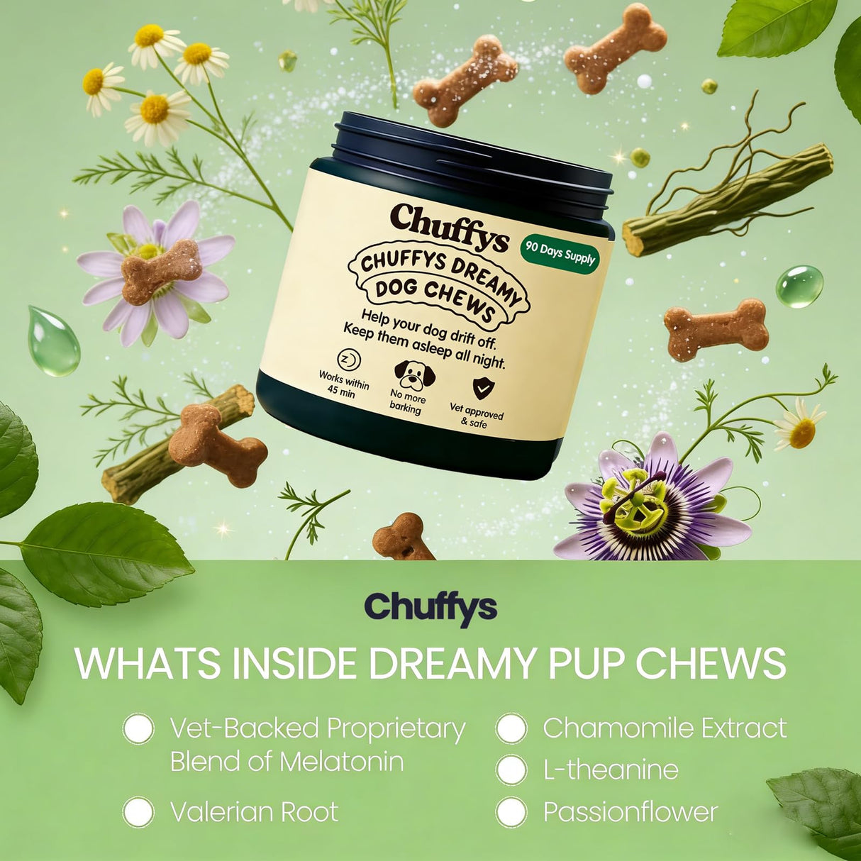 Chuffys Dreamy Pup Chews, Natural Calming Chews for Dogs, Sleep Guarantee，90 Tablets (1pcs)