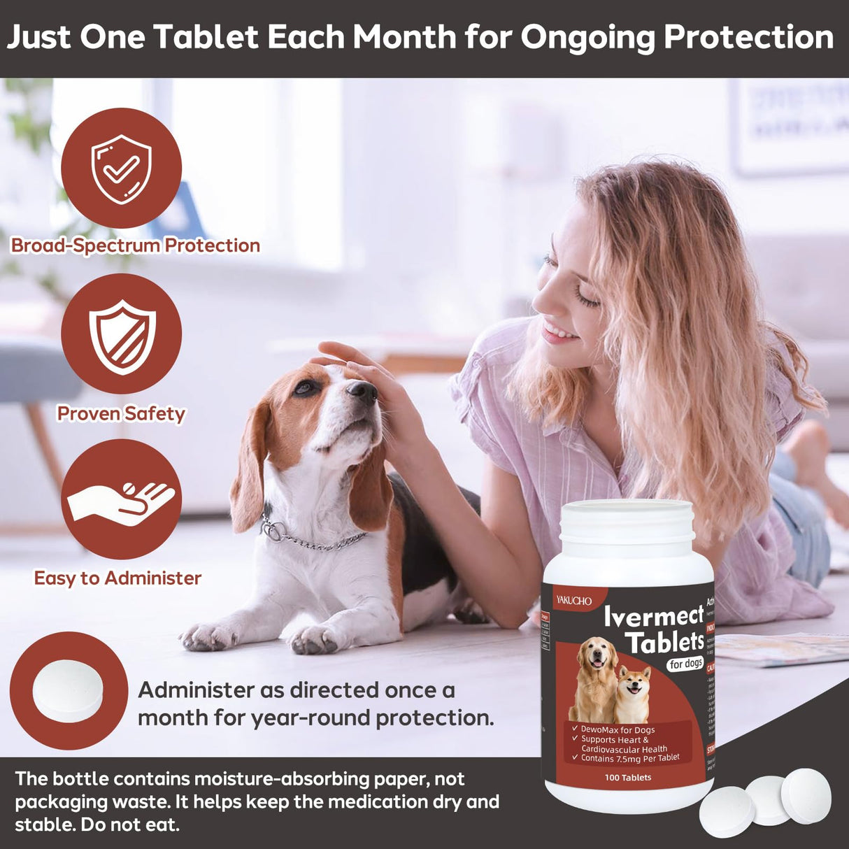 Young Heart for Dogs, lvermect Tablets for Dog – Hawthorn Prevention for Dogs, Heart Health, Circulatory & Cardiovascular System – 7.5 mg, 100 Tablets