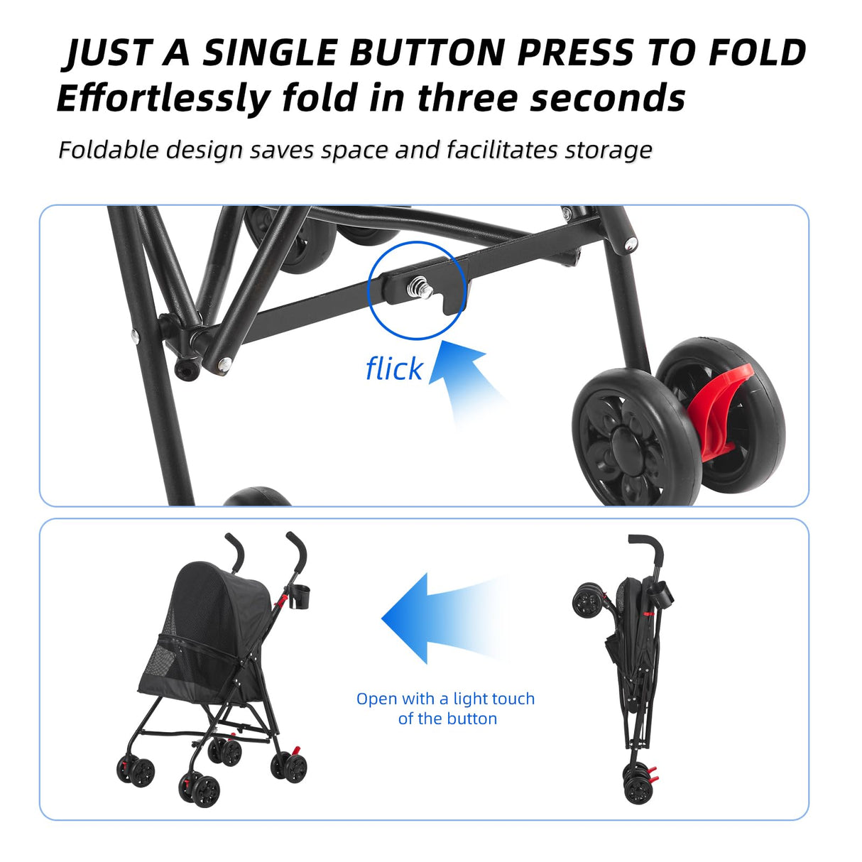 COOLCRAB Pet Stroller Oxford Cloth Foldable Dog Strollers for Small Dogs and Cats Suitable for All Road Surfaces Wide-View Panoramic Window 4 Wheels with Brakes Portable Design, Easy to Store (Blue)