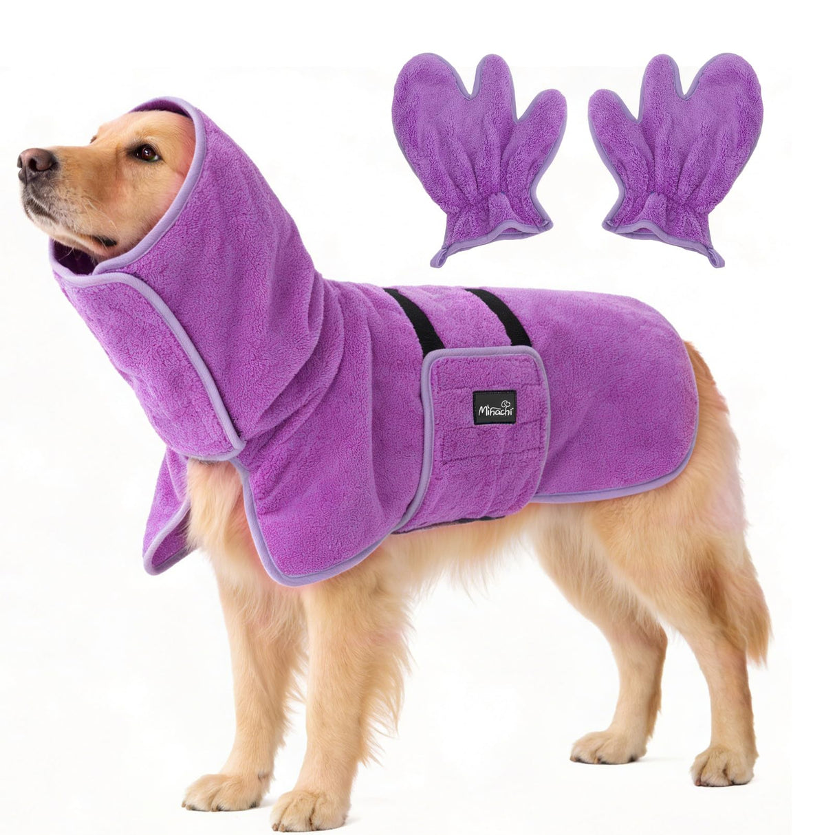 Mihachi Dog Bathrobe Towel Wrap Fast Drying with Drying Gloves Set, Super Absorbent Coral Fleece Dog Drying Coat Bath Robe for Puppy, Medium & Large Dogs, Adjustable Collar & Belly Strap, Purple XL