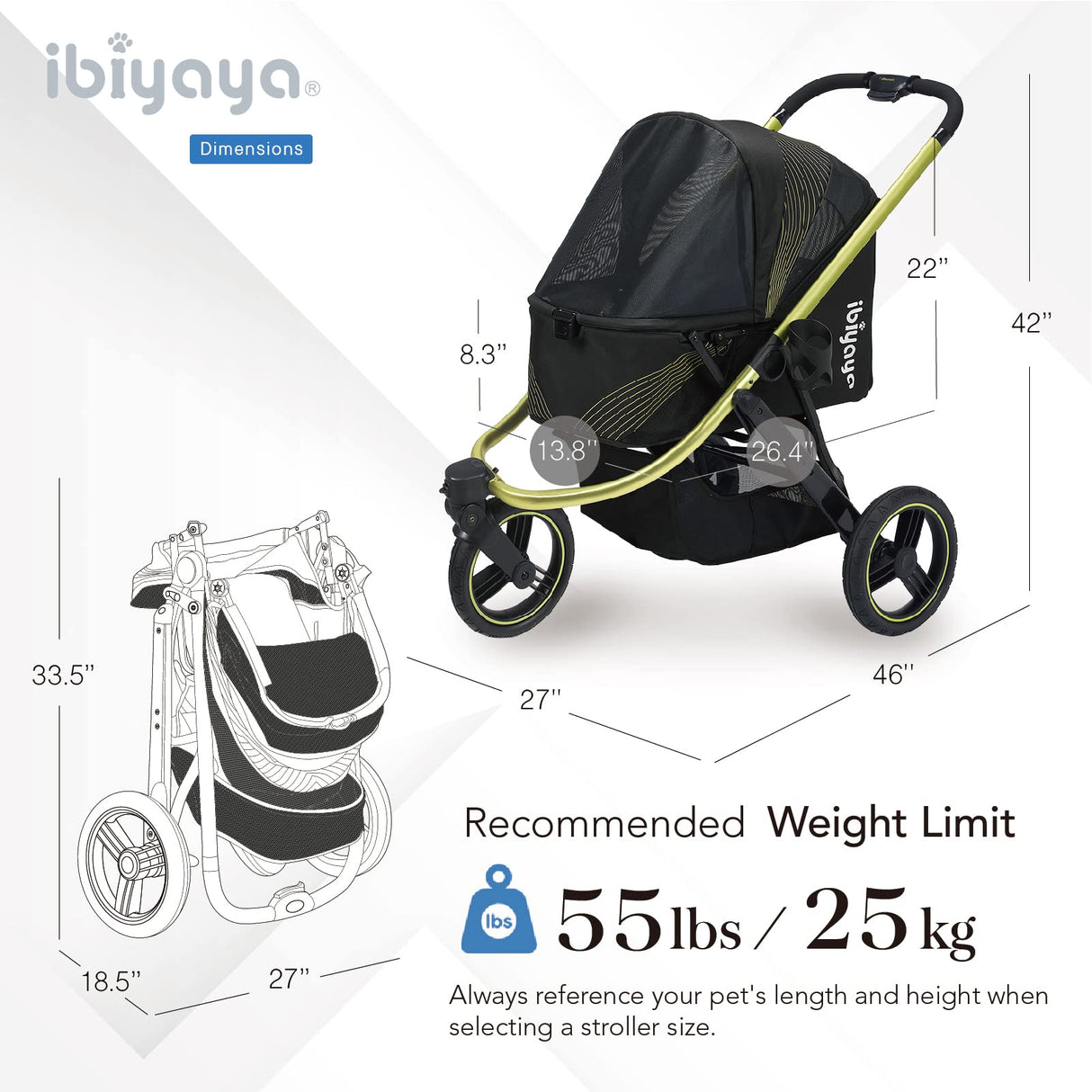 ibiyaya The Beast Pet Jogging Stroller for All Terrains, 3-Wheel Dog Carrier with Double Breaks, Zipperless Large Stroller for Running & Hiking, Multiple Small Dogs, Medium Dogs, or Cats (Jet Black)