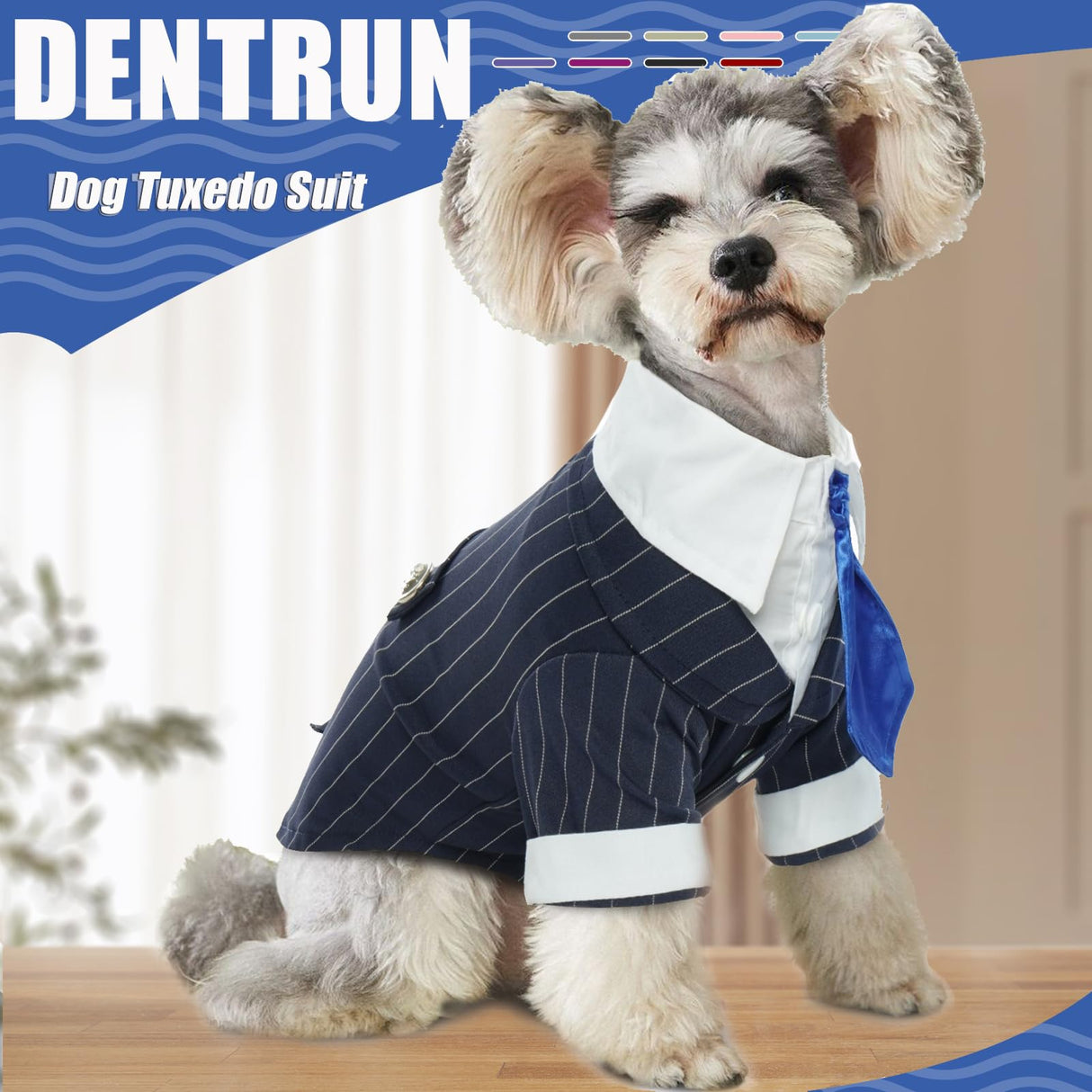 DENTRUN Navy Blue Dog Tuxedo - Formal Pinstripe Pet Suit Shirt with Satin Tie, Elegant Wedding Outfit Birthday Party Attire for Golden Retriever Husky Border Collie Large Dogs (Polyester), XXXL