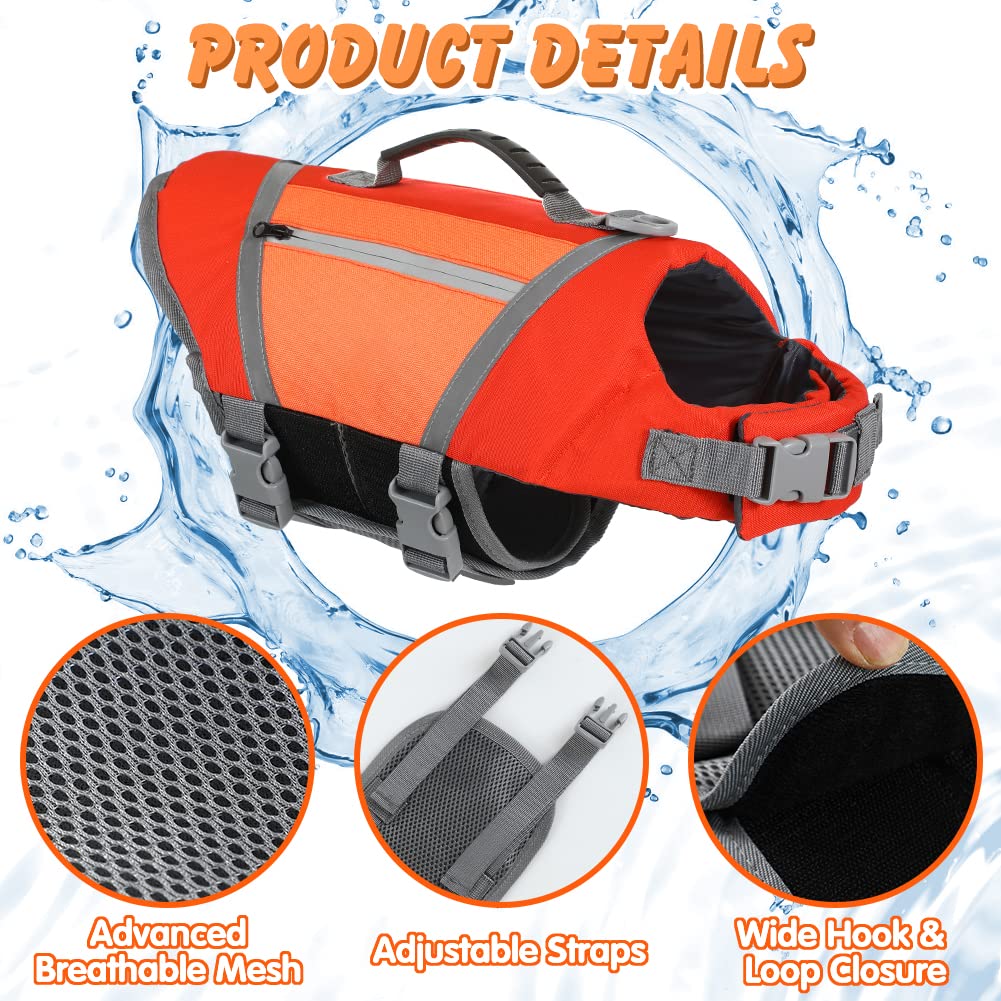 EMUST Dog Life Vests for Swimming, Adjustable Dog Life Jackets for Small Dogs with Hook & Loop, Reflective Dog Swim Vest with Quick-Release Buckles for Bulldogs, Dachshunds, Corgis, Orange, S