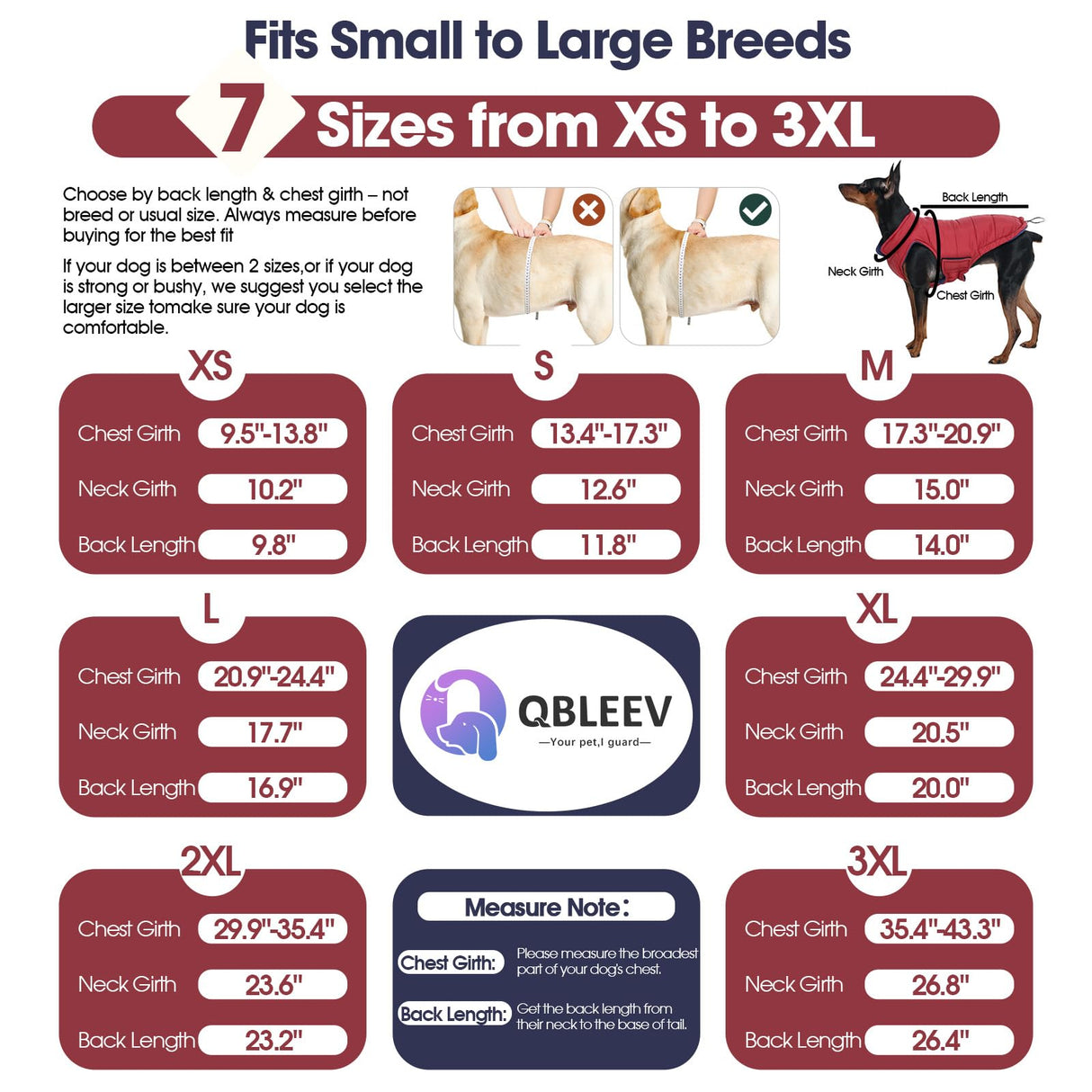 QBLEEV Reversible Dog Coat for Large Dogs, Waterproof Windproof Winter Jacket Keeps Big Breeds Warm & Dry, Adjustable Hook & Loop Puffer Vest, Wine Red, 3XL – Fits Labrador, Weimaraner, Great Dane