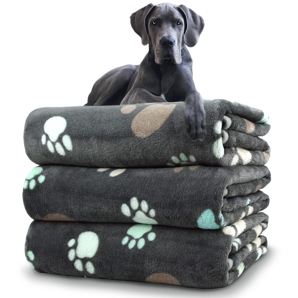 Dog Blankets for Large Dogs, 3 Pack Blanket Washable 41" x 31", Fuzzy Soft Pet Mat Throw Cover Kennel Crate Bed, Cute Grey Paw Pattern,Waterproof Cat Blanket