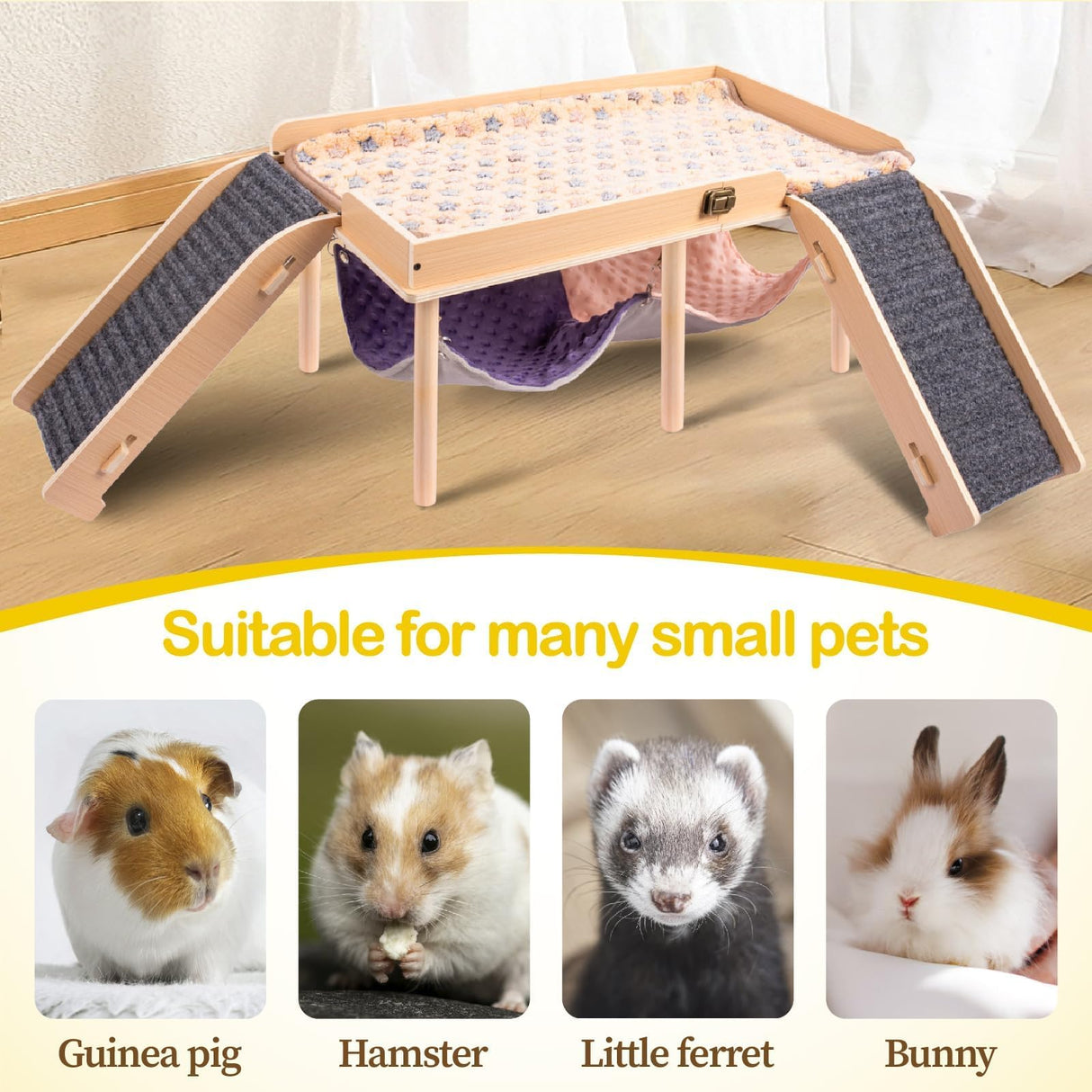 BESNEW Enlarged Guinea Pig Hammock with Platform and Stairs,Wooden Foldable Piggies Hideout for Guinea Pigs Bunny Ferret Hamster Hiding Sleeping Activities 24L x 12W x 11H in（Double）