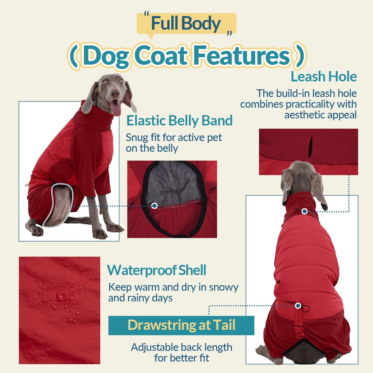 ROZKITCH Waterproof XL Dog Jacket for Winter, Dog Pajamas for Large Dogs, Pullover Fullbody Clothes Jumpsuit, Fleece Cold Weather Coats, Four-Legged Snowsuit with Leash Hole Red XL