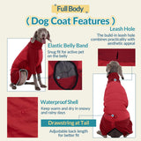 ROZKITCH Waterproof XL Dog Jacket for Winter, Dog Pajamas for Large Dogs, Pullover Fullbody Clothes Jumpsuit, Fleece Cold Weather Coats, Four-Legged Snowsuit with Leash Hole Red XL