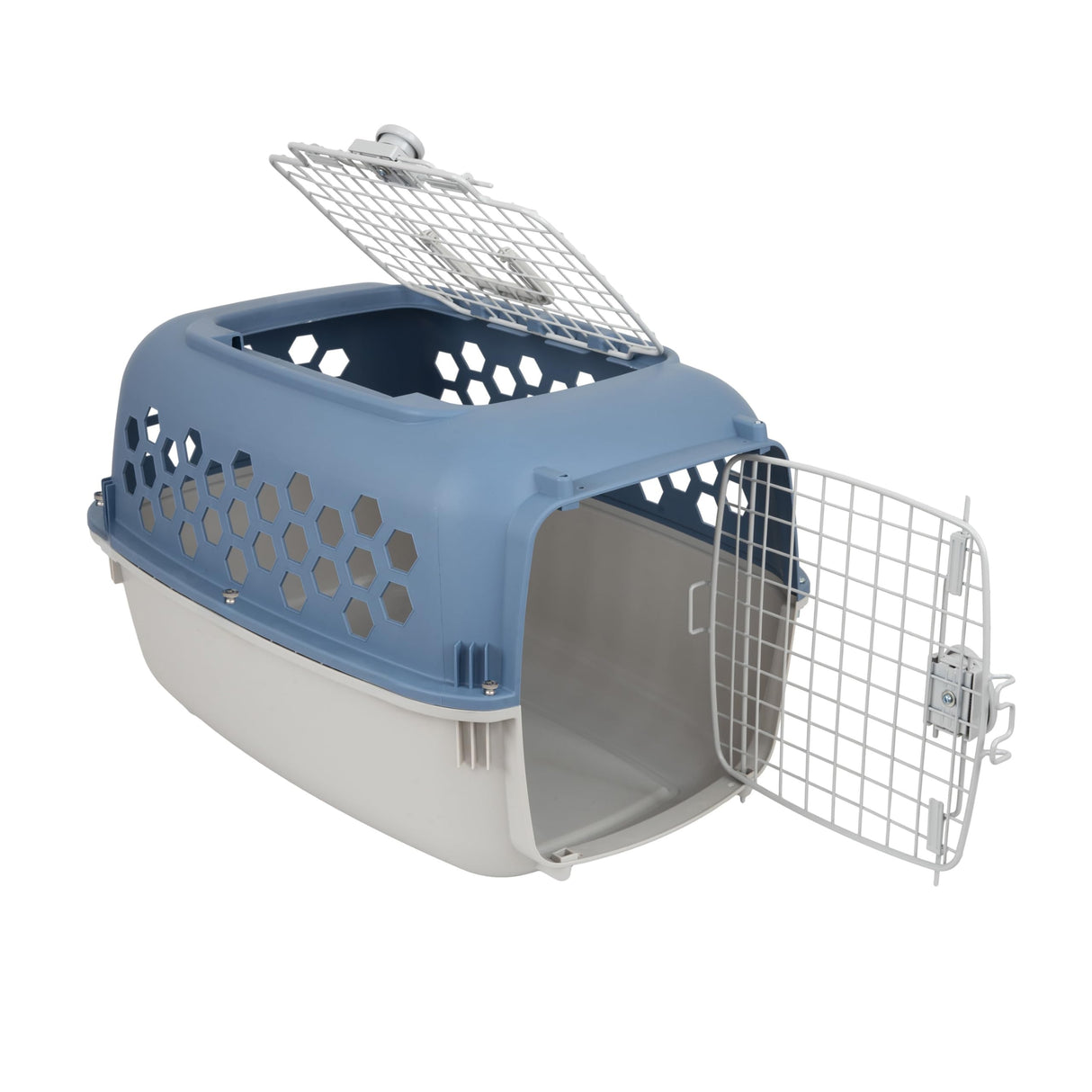 24" Pet Kennel Carrier for Small Dogs & Cats, Portable Travel & Home Use Two-Door (Top/Front Loading) Plastic Crate for 15-25 lbs Pets, Durable Blue