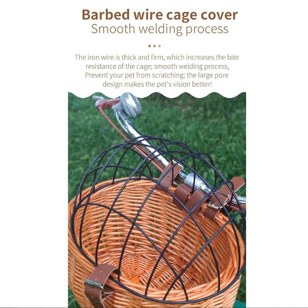 Wicker Bike Basket for Small Dogs Cats Pet Carrier Front Basket with Wire Mesh Cover (Honey Color)