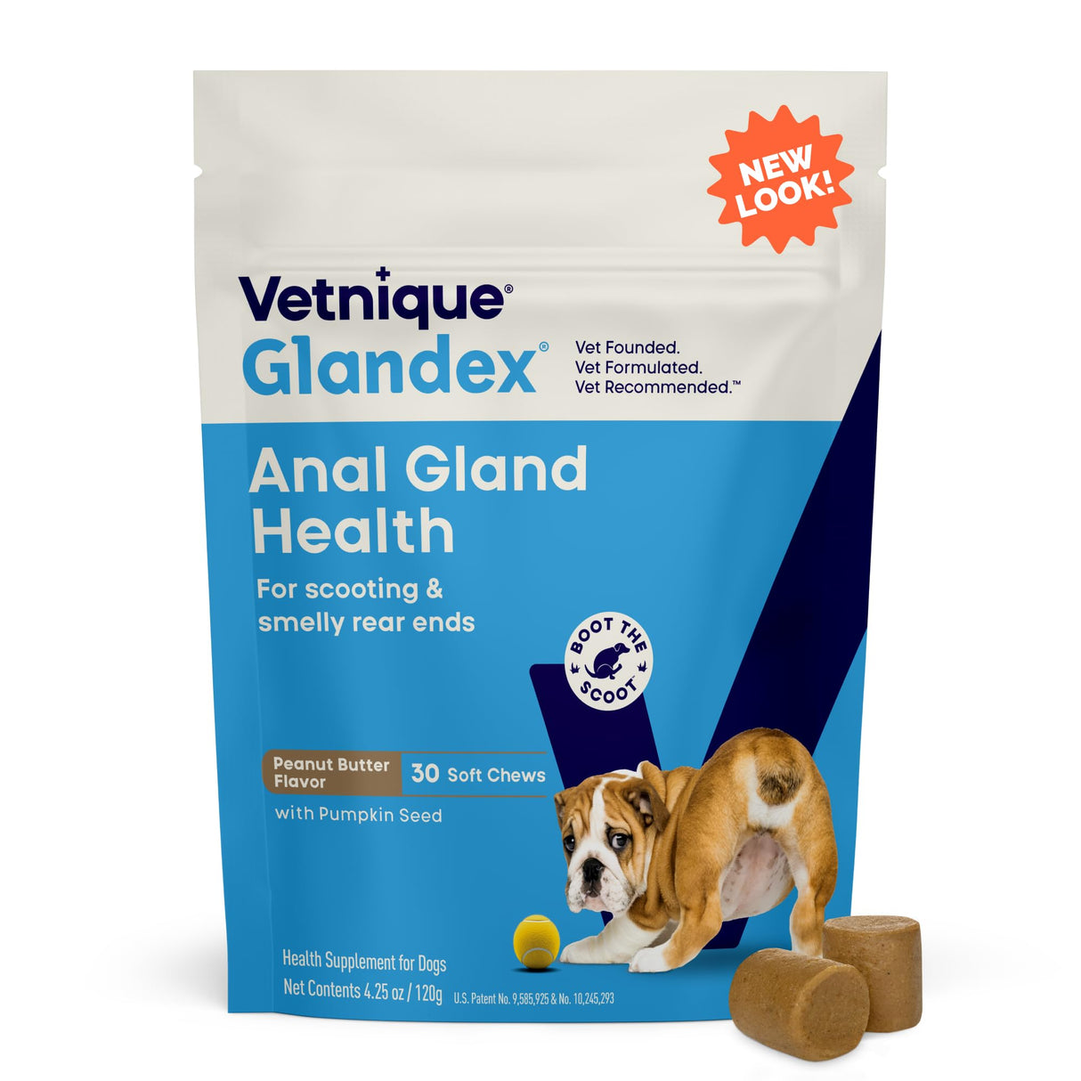 Vetnique Glandex Anal Gland Soft Chew Treats with Pumpkin for Dogs Digestive Enzymes, Probiotics Fiber Supplement for Dogs Boot The Scoot (30ct, Peanut Butter Chews)