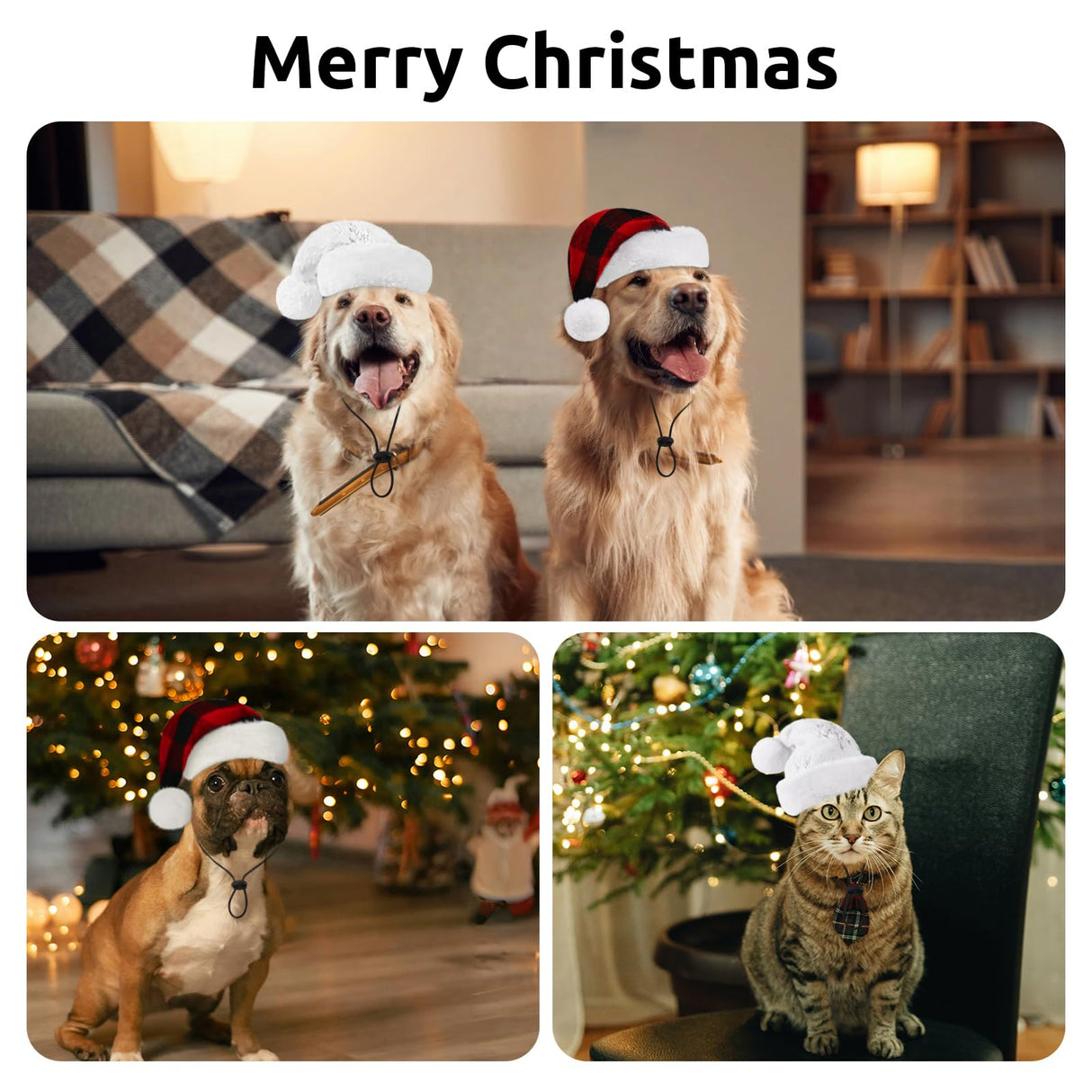 Queenmore Dog Christmas Hat, Dog Santa Hats for Large Dogs, Pet Soft Plush Santa Clause Hats for Cats, Funny Festive Xmas Costume Headwear for Small Medium Large Dogs with Adjustable Band, L Red