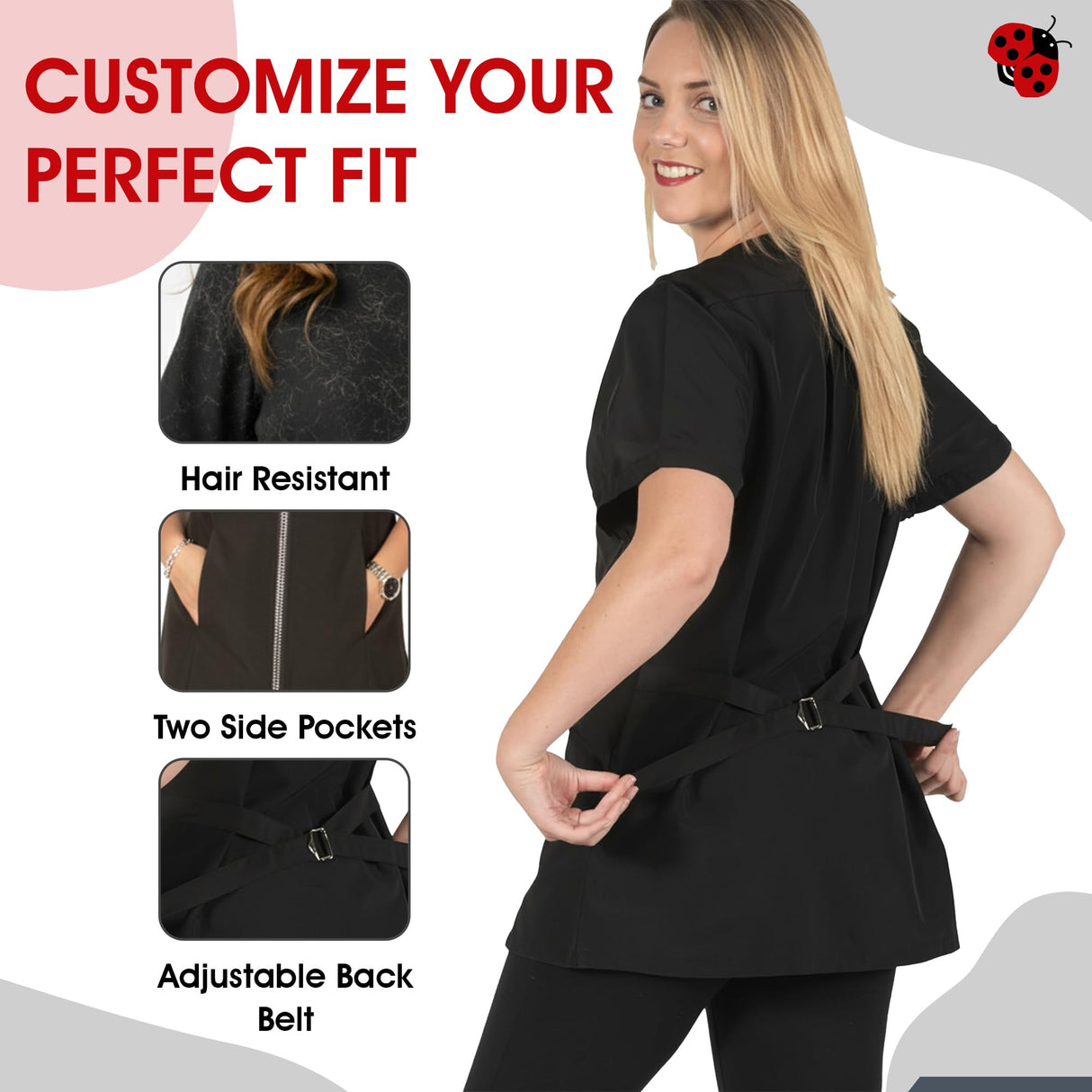 Ladybird Line 460 Groomer's Rhinestone Jacket - Water, Hair and Bleach Resistant, Short Sleeve Dog Grooming and Hair Stylist Smock with Round Neck, 2 Side Pockets & Adjustable Back Tie Belt - 3XL