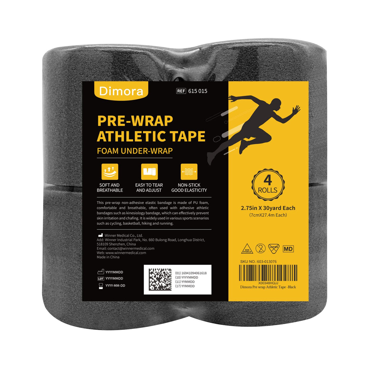 Dimora Pre Wrap Athletic, 4 Rolls Prewrap Headband for Hair, 120 Yards Foam Underwrap Athletic Tape, Best Padding for Underneath Sports Tape, 2.75 Inches x 30 Yards - Black