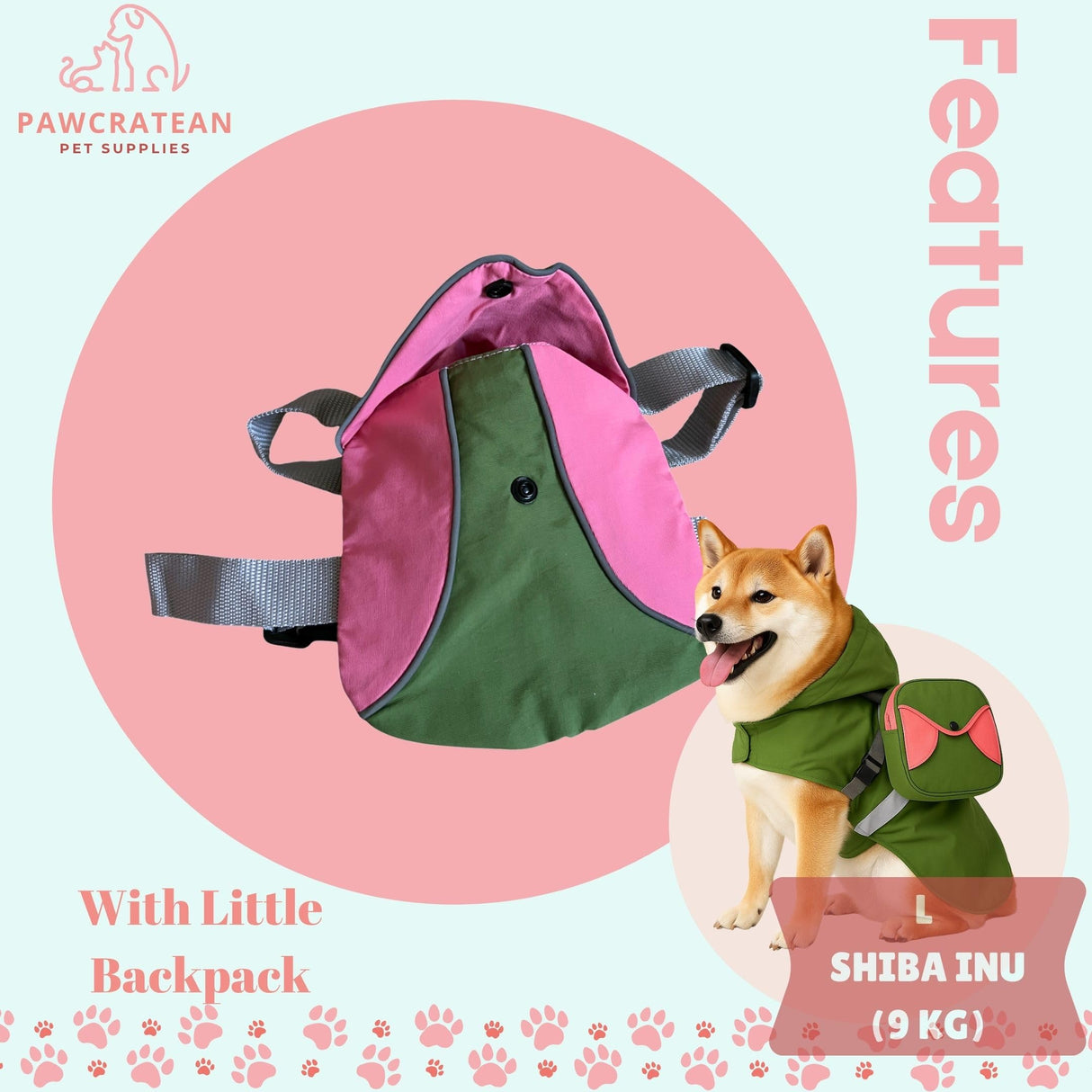 Pawcratean Dog Raincoat Reversible Jacket with Backpack – Waterproof, Stylish & Practical (Medium)