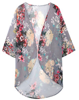 Women's Floral Print Puff Sleeve Kimono Cardigan Loose Cover Up Casual Blouse Tops(Dark grey,L)