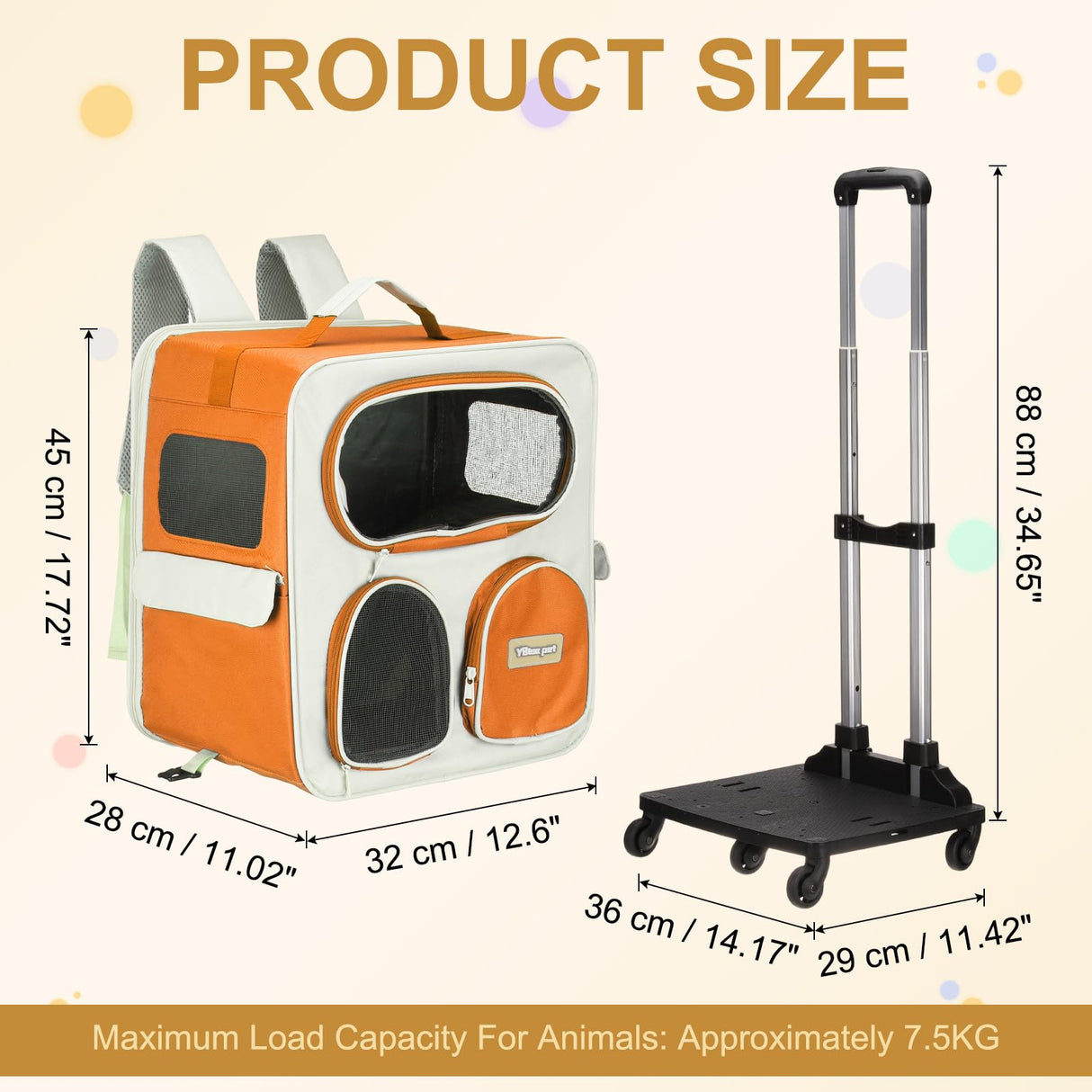 PETAXCELL Pet Backpack Carrier, Portable and Ventilated, Nylon Dogs Cats and Small Animal Travel Bag 14.17", (Orange, 1 Pcs), Intended for Hiking/Camping/Traveling