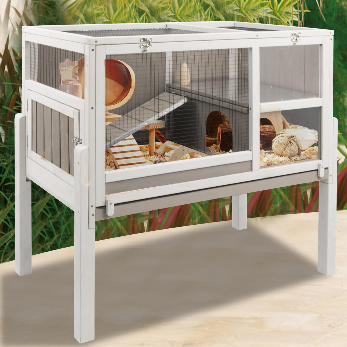 Ketive Guinea Pig Cages Indoor, Wooden Guinea Pig Cages with Stand, Rabbit Cage Hutch with Ramp and Hideout, Small Animals Cage Habitat with Not Leakage Pull Out Tray