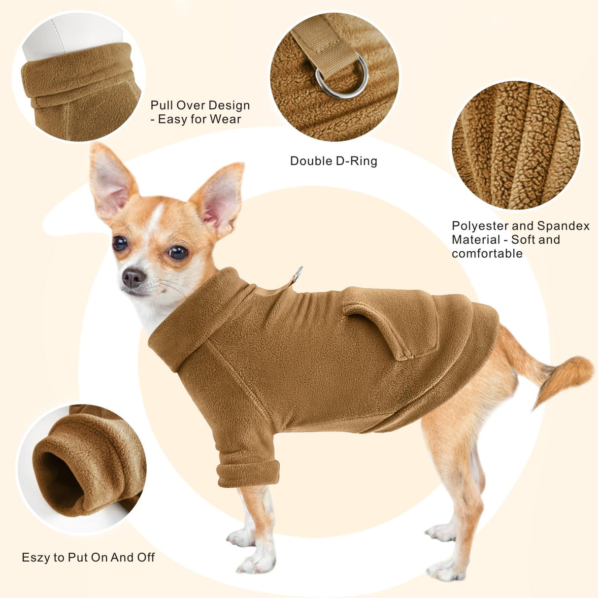 Idepet Fleece Dog Sweater 2 Pack, Winter Pet Clothes Turtleneck Sweatshirt with Leash Ring, Stretchy Small Dog & Cat Coat with Pocket (Khaki+Brown, XL)