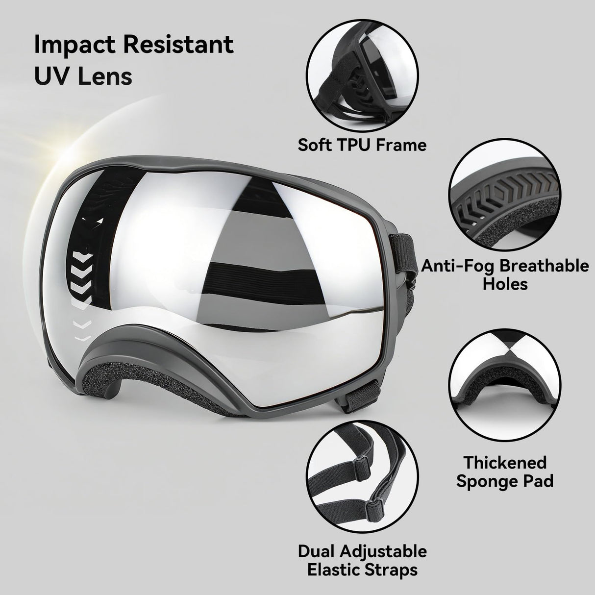 PETLESO Dog Goggles Large Breed, UV Protection Pet Sunglasses Wide Version Windproof Eye Wear for Medium to Large Dogs, Outdoor Driving/Riding/Hiking Use, Silver Mirror Lens