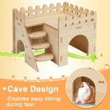PETKNOWS 2 Pack Hamster Houses and Hideouts, Easy to Assemble Wooden Hamster Castle Small Animal House Bed with Stairs