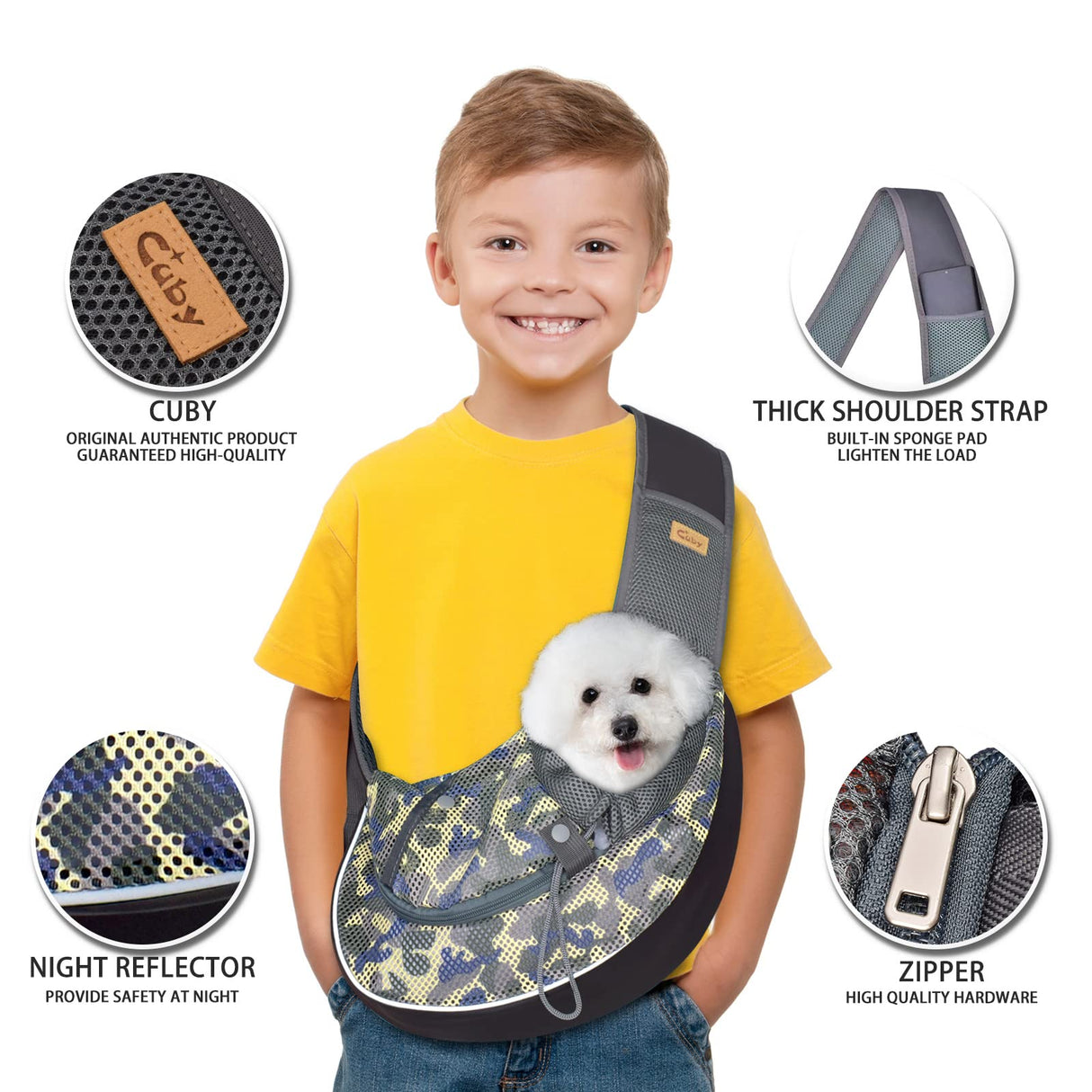Cuby Pet Dog Sling Carrier for Small Dogs Cats Breathable Mesh Travel Safe Sling Bag Carrier for Dogs Cats Puppy (L, Camouflage)