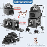 Double Dog Stroller, Foldable 3-in-1 Cat Strollers with 2 Detachable Carriers, Safety Belt, Washable Cover, Removable Pads, 4 Wheels Travel Pet Stroller for Small Medium Dogs(Grey)