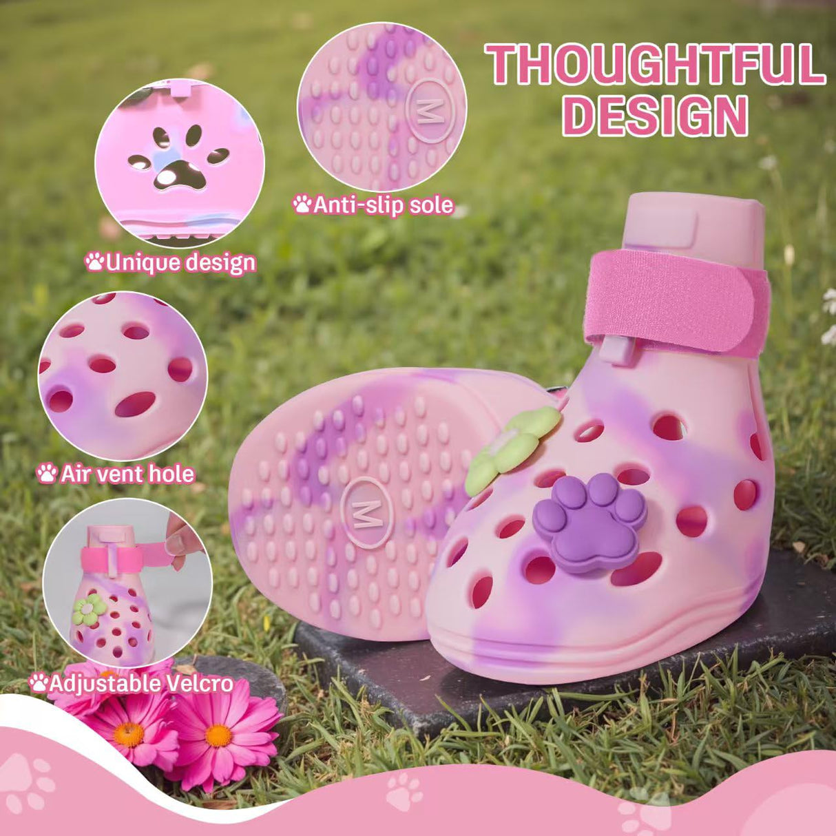 Dog Shoes for Hot Pavement, Adjustable Magic Tape Boots for Small, Medium & Large Dogs, Anti-Slip, Easy to Clean Paw Protectors for Beach, Outdoor & Hot Weather (Pink M)