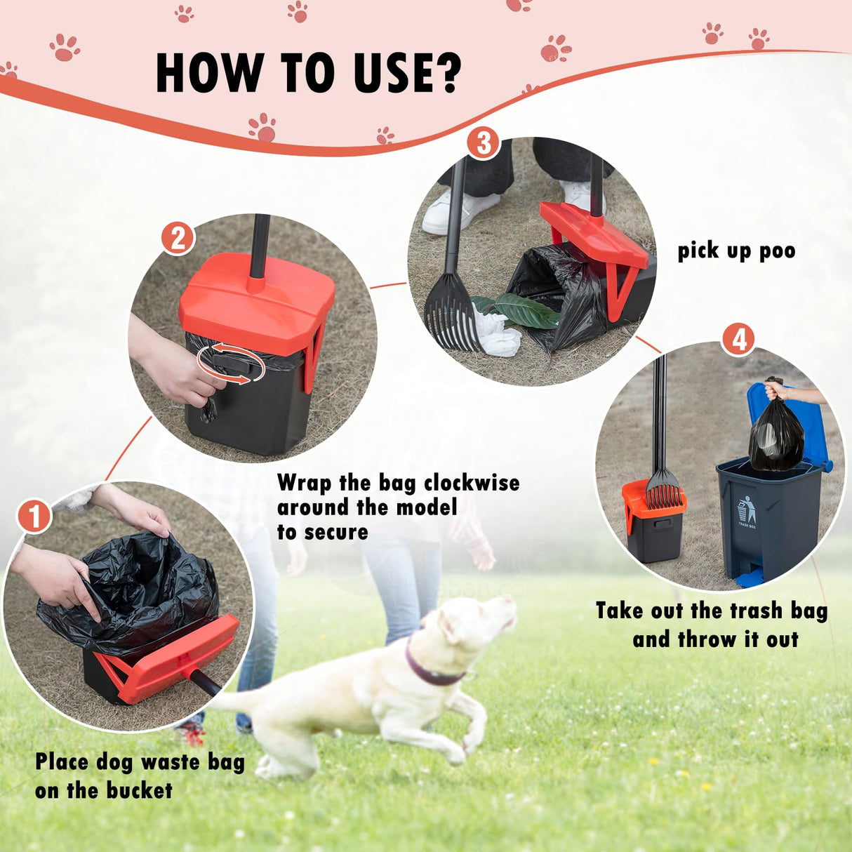 TIMINGILA 36" Pooper Scooper Swivel Bin & Rake with 100 Dog Poop Bags,Adjustable Long Handle for No-Bend Cleanup,Portable Non-Breakable Dog Poop Scooper for Large Medium Small Dogs