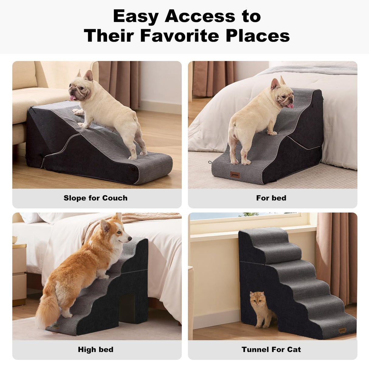 ZOMISIA Dog Ramp for Large Dogs - 24" H 5 Steps Pet Stairs for High Bed with Tunnel 2 in 1 with Zippers Suitable, Indoor Cat Ladders with Non-Slip Bottom, Black