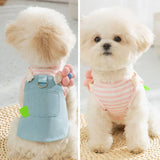 Denim Dog Dress with Pink Striped Print, Floral Shoulder, and Leaf Pocket Accent Pet Clothes, Small Dog Outfit for Chihuahua, Yorkie, Puppy Dress for Birthday, Party, and Everyday Wear(Pink,S)