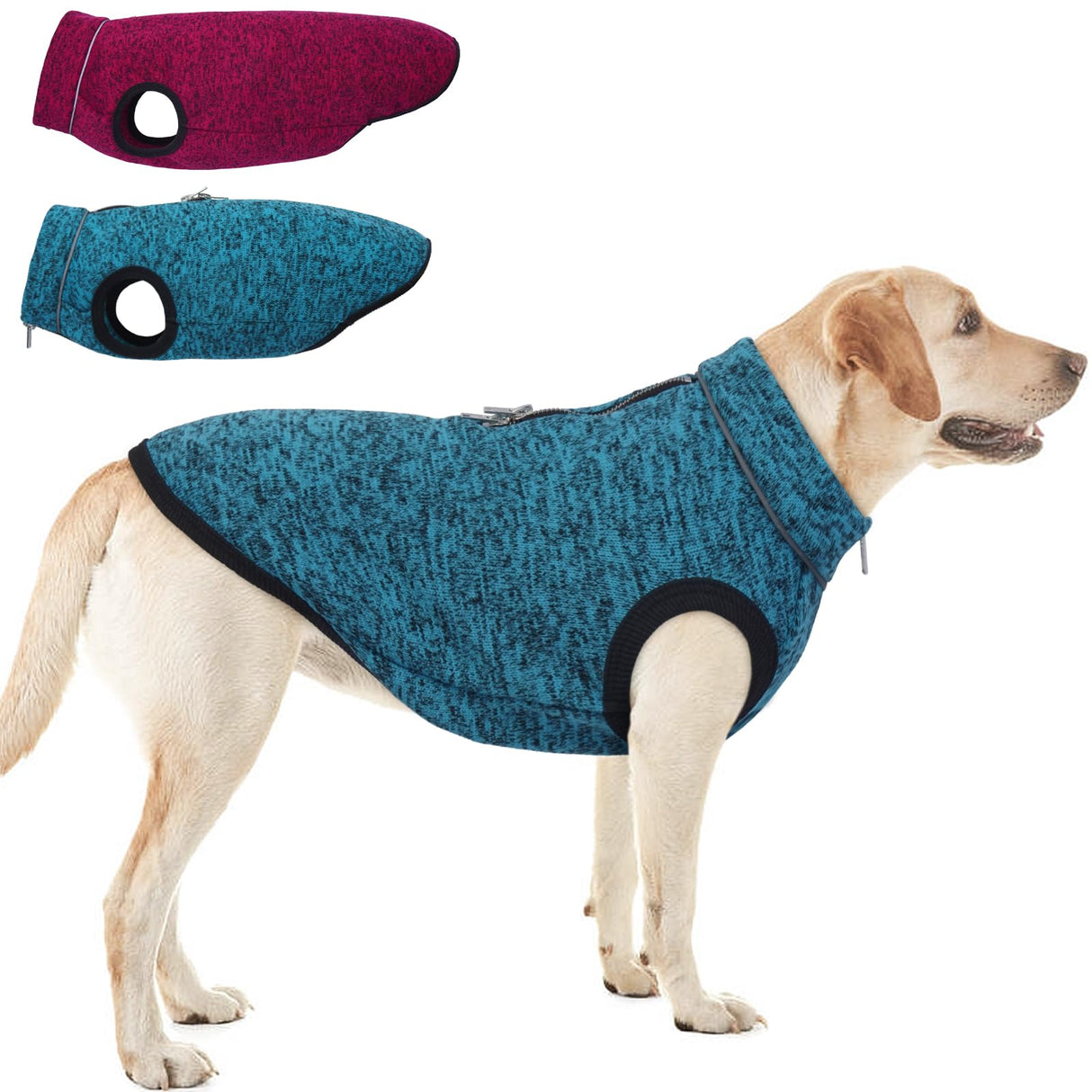 ROZKITCH XXX-Large Dog Sweater with Fleece Lining, Knit Fabric Pet Jacket Jumpsuit, Adjustable Reflective Vest with Zipper Opening on The Back and Neck for Harness, Easy Maintenance Blue, 3XL