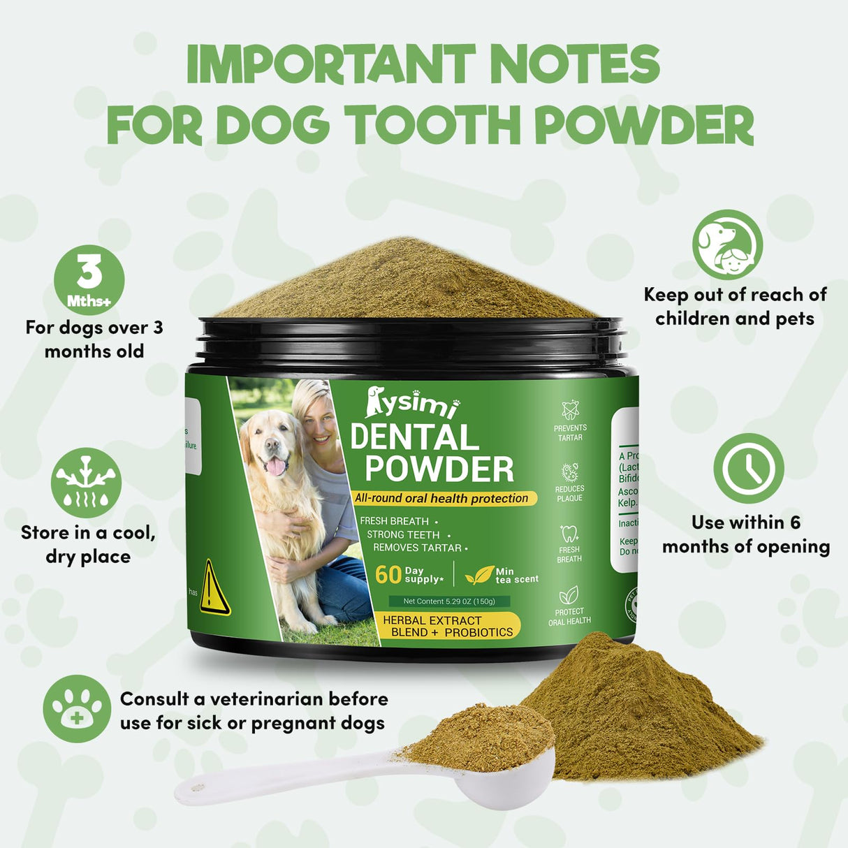 Dog Dental Powder, Dog Teeth Cleaning Powder, Dog Tartar and Remover with Probiotics and Natural Herbal Blend of All Breeds and Ages Mint -150 Grams