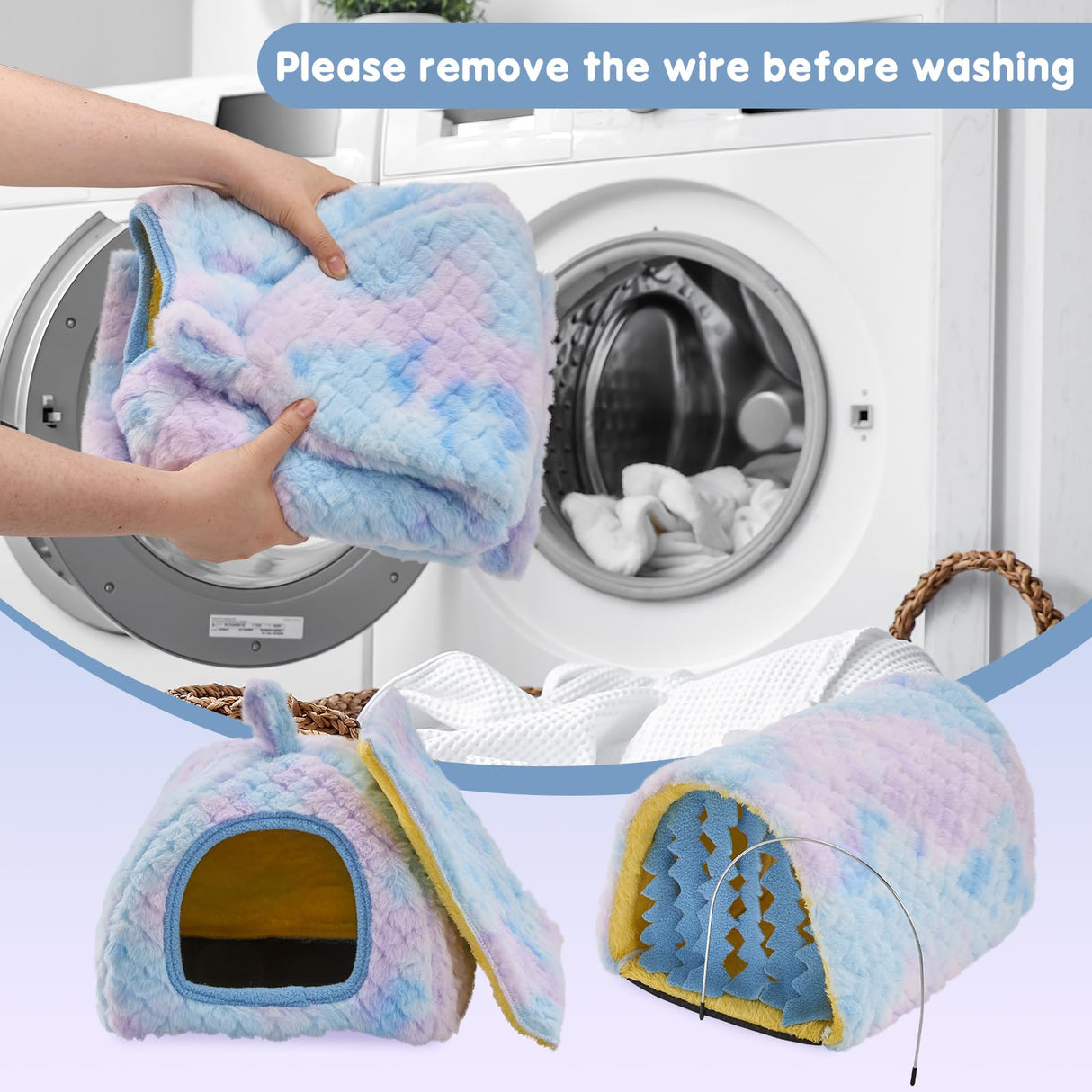 Avont 2 Pack Guinea Pig Hideout Bed and Tunnel Toys Set with Curtain, Washable Soft Plush Bunny Hideaway House Tube Cage Accessories for Small Animal Pet, Rabbits Chinchilla Hamster Ferret Rat -Blue