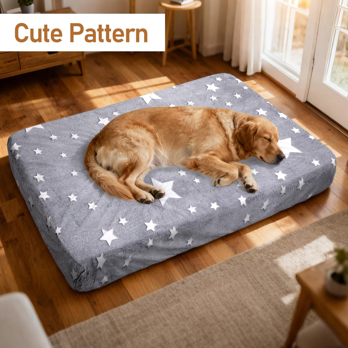 Hoopttay Flannel Waterproof Dog Bed Covers Replacement Washable, Elastic Edged Dog Bed Sheet with Glow in the Dark Star Design for Large & Medium Pet Beds, Cover Only (Gray, 52.0"L x 28.0"W x 5.0"Th)