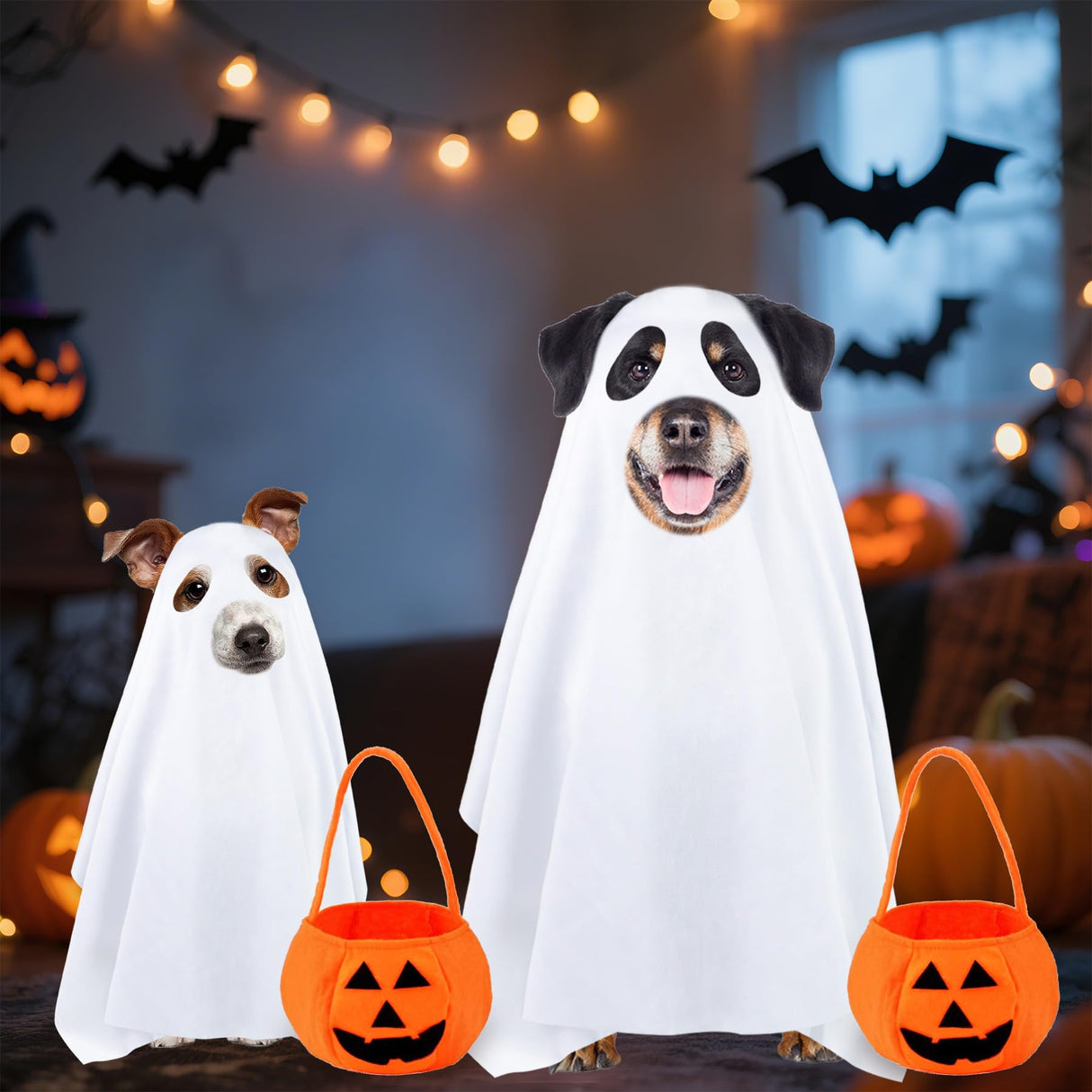 PAYHTOW Dog Halloween Costumes, Dog Ghost Costume Funny Pet Ghost Costume with Pumpkin Candy Bag for Small Medium Large Dogs Pets (Large)