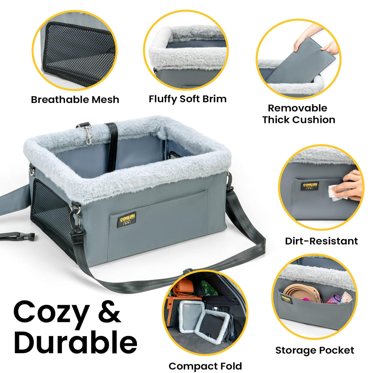 Conlun Dog Car Seat Booster for Small Pet Under 20lbs, Portable Travel Puppy Car Seat with Internal Steel Frame, Comfort Cushion & Storage Pockets, Adjustable Straps Fit Most Cars, Grey