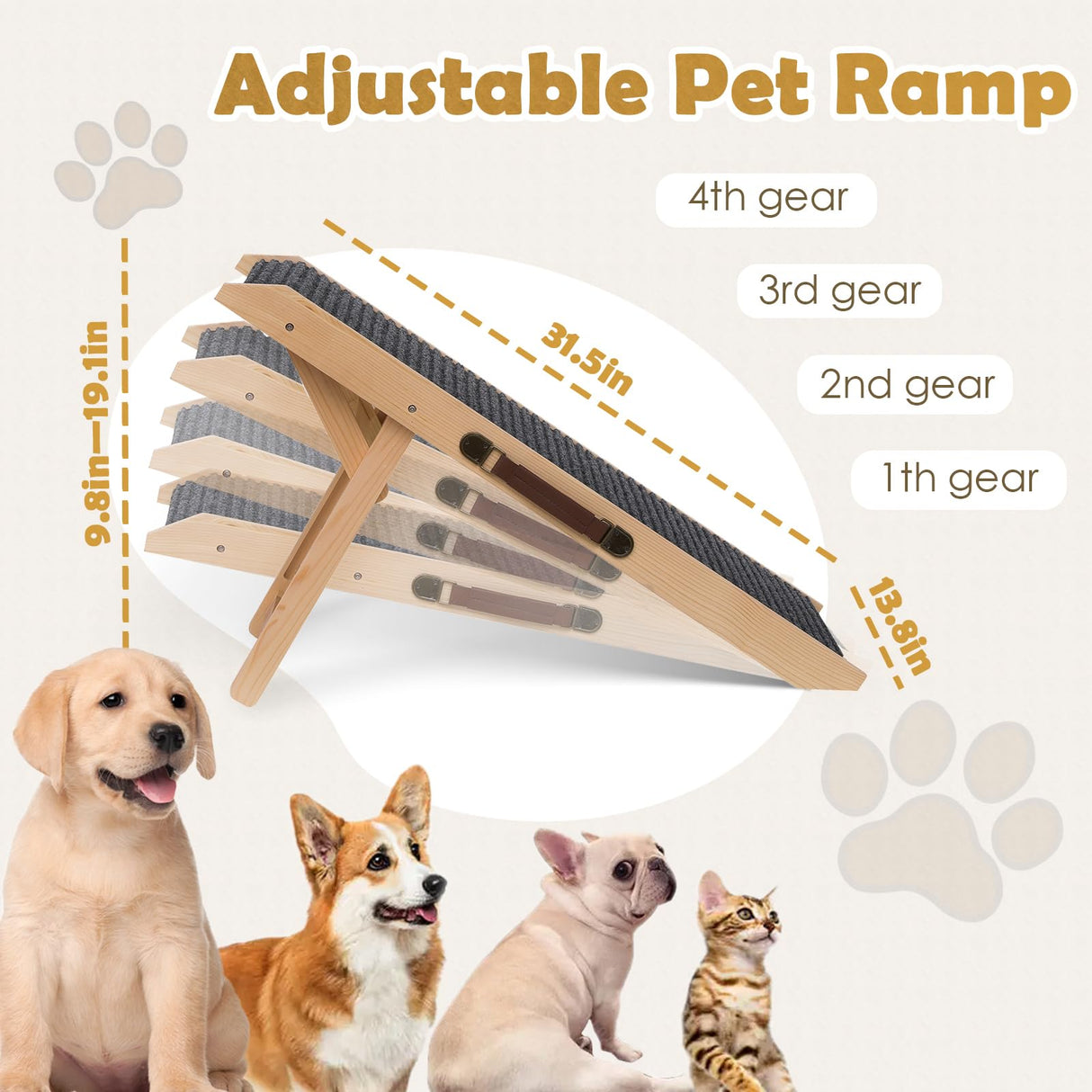 Wooden Foldable Dog Ramp Portable Pet Ramp,Car Ramp with Built-in Handle for Travel, 4 Adjustable Heights 9.8" to 18.1" for Small Dogs