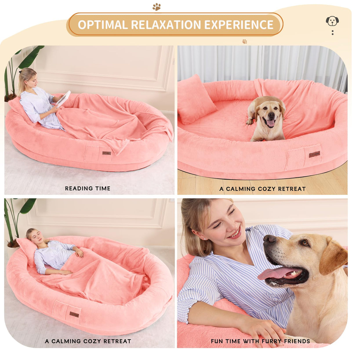 Fvkind Human Dog Bed for Adults with Blanket and Pillow, 71"x51"x12" Washable Orthopedic Size, Faux Fur Removable, Cozy Large Present, Pink