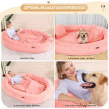 Fvkind Human Dog Bed for Adults with Blanket and Pillow, 71"x51"x12" Washable Orthopedic Size, Faux Fur Removable, Cozy Large Present, Pink