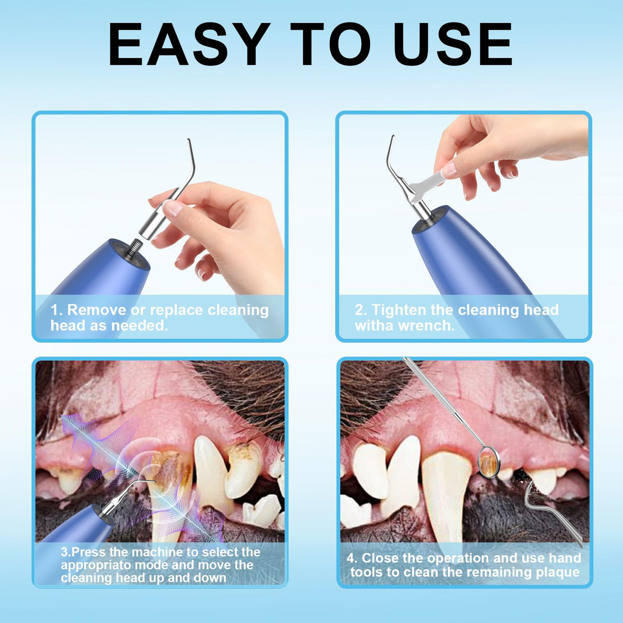 Ultrasonic Dog Teeth Cleaner, 3 Modes Sonic Tooth Cleaner for Dogs, Low Noise Sonic Dog Plaque and Tartar Remover with LED Light, 2 Cleaning Head, Toothbrush, Dental Mirror Probe Tweezer and Scraper